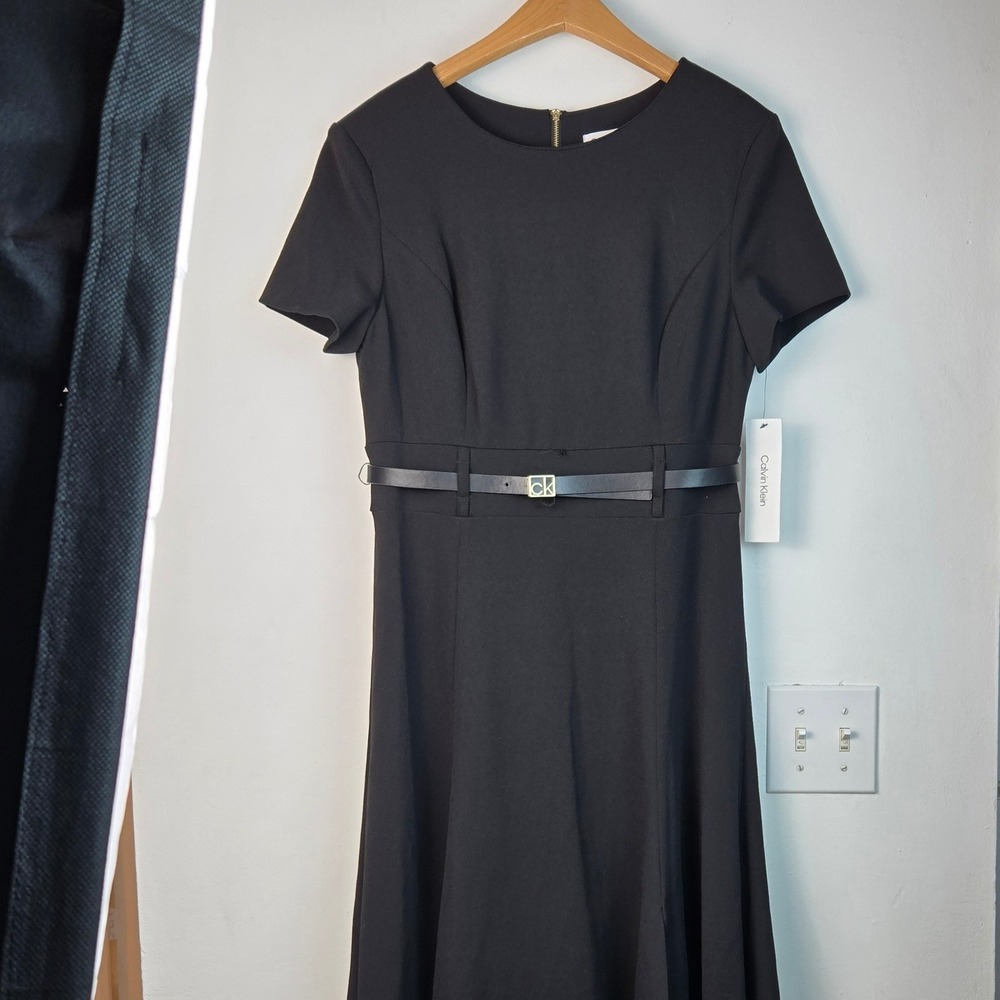 NWT Calvin Klein Black Belted A-Line Midi Dress Short Sleeve Gold Zip 10 - Picture 11 of 16